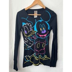 Disney Couture Shirt Womens  Thermal Black Neon Mickey Donald Retro Size Large